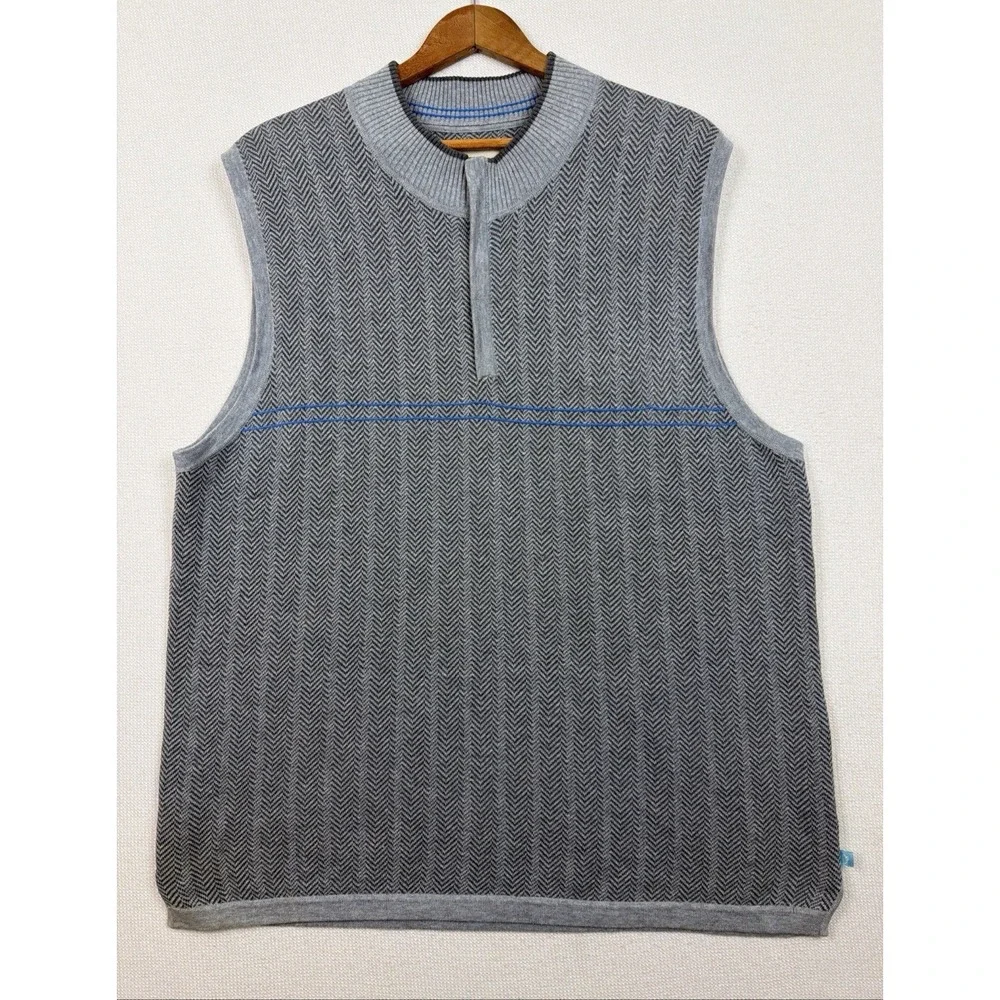 Tommy Bahama Mens Sweater Vest Gray Herringbone Quarter Zip XL Preppy CasualGolf